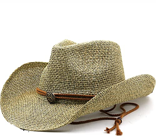 Sombrero de Cowboy de Paja Hombre Mujer Western Cowgirl Hat Gorros de Vaquero Panamá con Banda y Correa de Barbilla Sombrero de Occidental, Sombrero de Playa de Verano