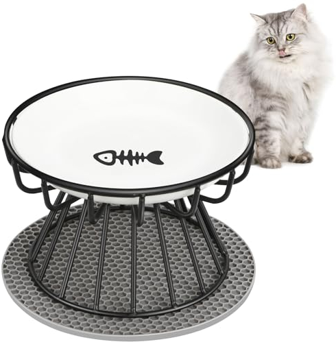 Avmvnvc Gamelle Chat Surélevée avec Support en Métal et Tapis Antidérapant - Bol en Céramique Anti-Vomissement pour Chats et Chiots