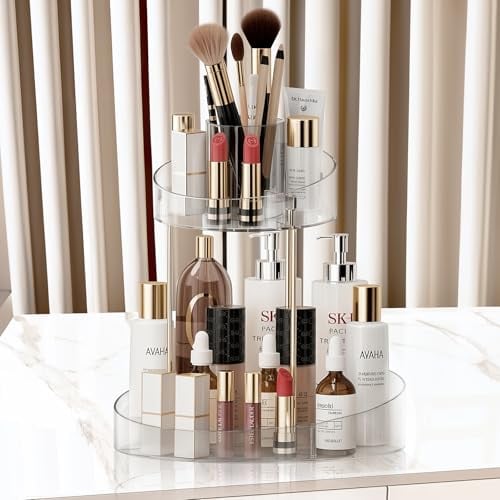 BELICOO Rotating Makeup Perfume Organiser Tray, 2 Tiers of 8 Compartments Large Capacity Round Clear Spinny Vanity Circle Skincare Cosmetic Organiser Stand Corner Shelf for Desk, Dressing Table