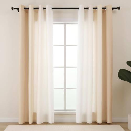 L.Z.E Vorhang Beige Sichtschutz Lichtdurchlässig Kurz Beige Weiß Gardinen für Schlafzimmer Wohnzimmer 2er Set Farbverlauf Vorhänge Gardine Privatsphäre Ösenvorhang 140 x 175 cm Kurz Dünn