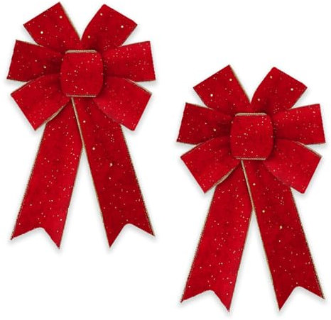 Threetols 2 x Weihnachtskranz-Schleifen, Vintage-Samtschleifen für Kranz, Weihnachtsdekoration für Haustür, rote Glitzer-Baumschleifen für Winter, Weihnachten, Party, Zuhause, Innen- und
