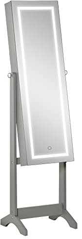 HOMCOM Jewellery Cabinet with LED Light, Lockable Jewellery Organiser with Full-Length Mirror for Bedroom Dressing Room, Grey