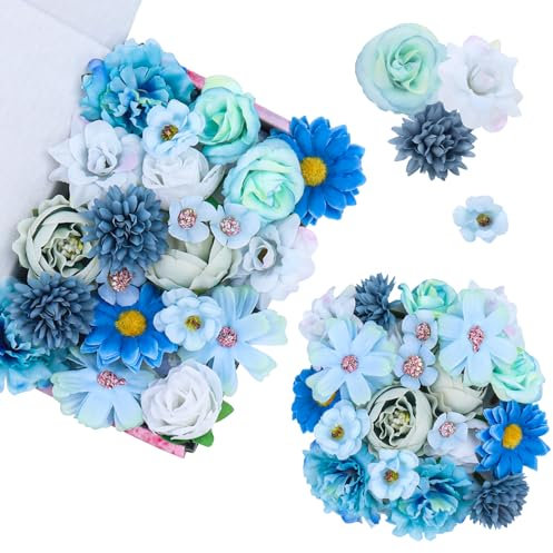 BELLALICHT 20 Stück Kunstblumen Strauß, Bunte Gefälschte Blumen, Gemischte Rosen Set, Geeignet für Corsage, Kopfschmuck Zubehör, Hochzeit, Party, Langlebige Dekoration für Ihr Zuhause (Blau)
