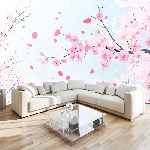 Rose Papier Peint Intissé 3D Arbre Fleurs De Cerisier Floral Panoramique Fresque Murale, Pour Salon & Chambre Fond Tv Décoration - (Facile À Poser) 250 X 175 Cm