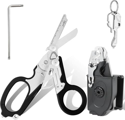 Foldable 6-in-1 Heavy Duty Emergency/Trauma Shears with Utility Holster, Multi-Function Key and Adjustable Wrench, Outdoor Camping Scissors Tool, Black EMT Foldable Trauma Shears