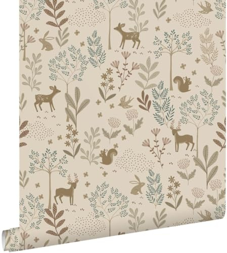 Esta Home Tapete Wald mit Waldtieren Beige und Grün 53 cm x 10.05 m