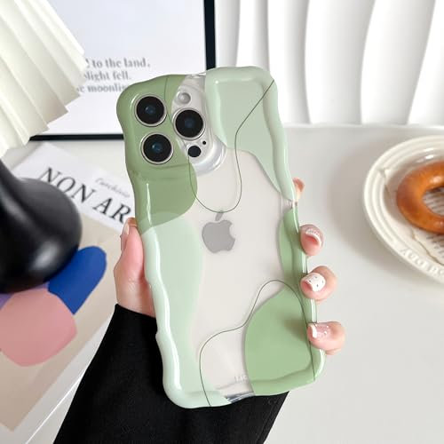 DEFBSC Compatible with iPhone 15 Pro Max Case, Cute Wavy Curly Shape Colour Mix Aesthetic Design Durable Stylish Shockproof Full Camera Protection Clear Wave Phone Case for Girls Women - Green