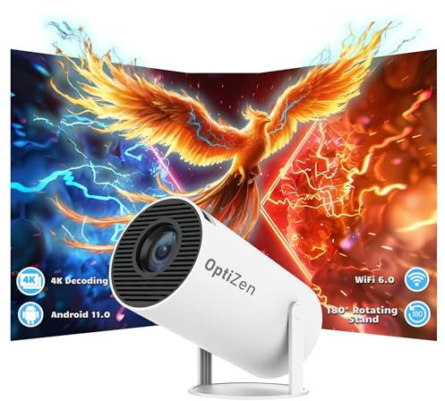OptiZen Mini Projector 2025, 720p HD & 4K Support, Portable Projector with WiFi 6 & Bluetooth 5 Auto Keystone Correction, Works with Android, USB, HDMI, TV Stick, Tablet, 12,000 Lumens, 180° Rotation
