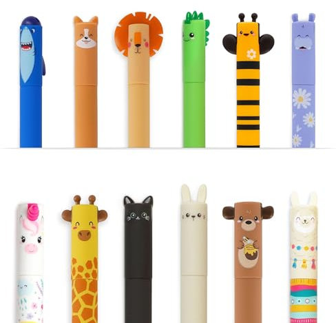 LEGAMI Stifte Set [12 Stck.], radierbare Gelstifte mit Motiven Hippo, Lama, Dino, Cat, Corgi, Hai, Giraffe, Biene, Löwe, Hase, Einhorn, Teddy