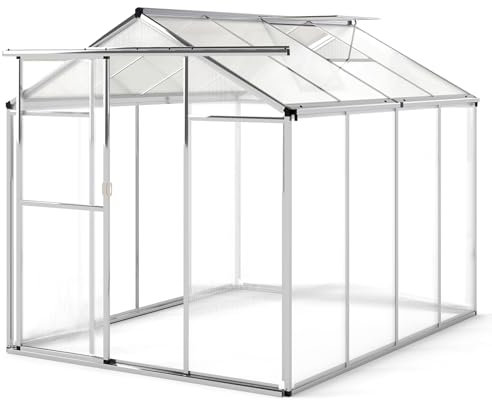 COSTWAY 8 x 6 FT Polycarbonate Greenhouse, Large Walk-in Green House with Adjustable Roof Vent, Sliding Door & Rain Gutters, Aluminum Frame Warm Grow House for Garden (8 x 6 FT)