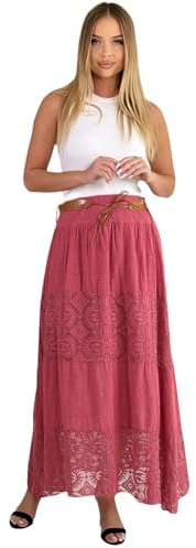 Mississhop Langer Baumwollrock mit Spitze & Gürtel 3094 Himbeerrot hell