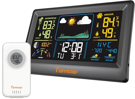Temtop Stazione Meteo Professionale Monitora in Tempo Reale Temperatura e Umidità Interno/Esterno, Pressione Atmosferica, Previsioni, Fasi Lunari con Sveglia W100 Lite