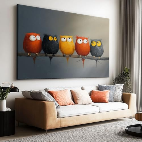 Leinwand-Wandkunst 160 x 80 cm Ungerahmt - Cartoon Eule Ast Leinwandbild Kunstdruck Groß XXL für Wohnzimmer Schlafzimmer Wandbilder Canvas Design Dekoration