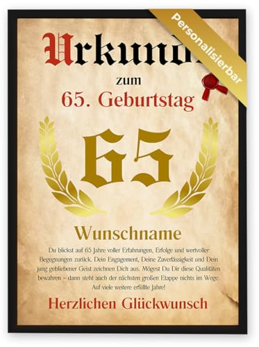 GiveSmiles Urkunde Poster zum 65. Geburtstag, Geburtstagskarte 65 Mann | Personalisiert mit Wunschname, Geburtstagsgeschenk für Männer und Frauen, Party Deko, Geschenkidee für Papa, Mama und Ehemann