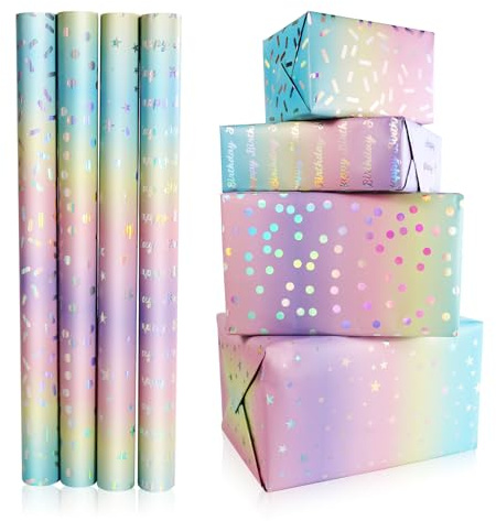 Geschenkpapier Geburtstag 43 x 300cm,4 Rollen Glänzende Regenbogenfolie | FeinKulturia Geschenkpapierrolle Wrapping Paper für Weihnachten, Hochzeiten, Valentinstag, Party Geschenk