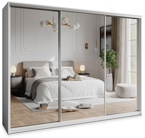 Masseno Schwebetürenschrank Rien 270/205/60 cm Kleiderschrank mit Schubladen Schlafzimmer Schiebetürenschrank 3-türig mit Spiegel Weiß + Satin
