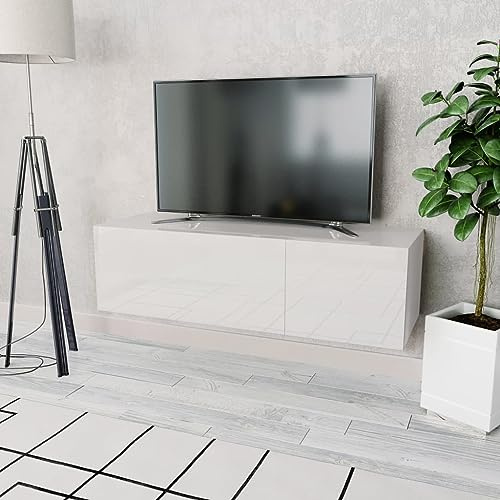 QZZCED TV-Schrank aus Sperrholz, weiß, glänzend, moderner TV-Schrank für HiFi-Anlagen, schlichtes Design mit großem Stauraum und Türen mit vertikaler Öffnung, 120 x 40 x 34 cm