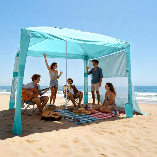 VEVOR Tonnelle de Plage 2,4 x 2,4 m, Abri de Plage avec Parois Latérales et Poches à Sable, Tente Portable pour Camping Extérieur, Protection UPF 50+, Hauteur Réglable, Espace Ombragé Spacieux, Verte