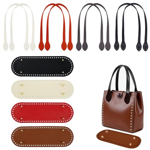 QingWing 12 Stück PU Oval Taschenboden zum Tasche Häkeln Set 30 x 10 cm | Stricken Häkeln Taschenboden mit Löchern Taschengriff 4 Farben, für Handtasche Schultertasche Geldbörse DIY Zubehör