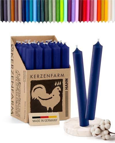 Stabkerzen 10 Stück, 18cm x 2,2cm, Premium Qualität - Deutsche Manufaktur, Kerzenfarm Hahn - lange Brenndauer (8+ Stunden) RAL-Zertifiziert, durchgefärbte Spitzkerzen (Dunkel Blau)