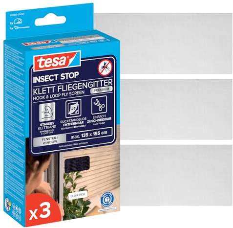 tesa Insect Stop Klett Fliegengitter Premium - 3X 135 cm x 155 cm Anthrazit | 3-tlg. Zuschneidbarer Insektenschutz für Fenster - ohne Bohren, starkes Klettband, rückstandsfrei entfernbar - durchsichtig