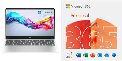 HP 15-FC0020SL 15 Laptop, 15.6 FHD, AMD Ryzen 3 7320U, 8 GB RAM, 256 GB SSD, Windows 11, Silver, QWERTY, con Microsoft 365 Personal 12M