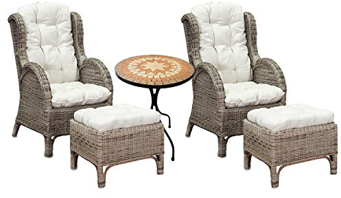Mojawo Luxus Rattan Set 2 Stück Relaxsessel Korbsessel Rattansessel mit Hocker Ohrensessel mit Fußhocker aus Rattan, inkl. Polster in beige und 1 Stück Mosaiktisch