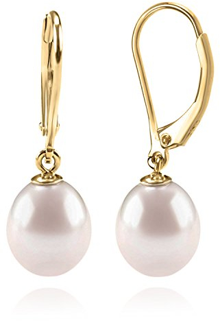 PAVOI 14K Yellow Gold Plated Freshwater Cultured Pearl Earrings Leverback Dangle Studs - Handpicked AAA Quality 8mm
