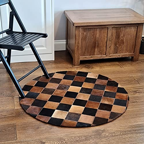 Runder Kuhfell Patchwork Teppich | Natur Premium Teppich | Vorleger Wohnzimmer | Designer Deko Teppich | Rindsleder Teppich Patchwork | Tapis Patchwork Rond en Peau de Vache