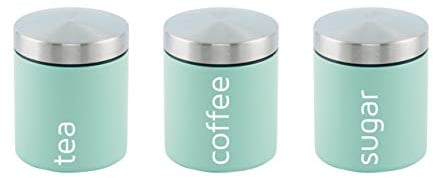 SQ Professional Stainless Steel Tea Coffee Sugar Canisters Sets of 3 Tea Caddy Sets for the Kitchen Storage Pots Jars Tea and Sugar Containers Light Green (Seafoam)