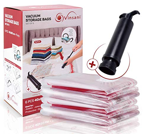 Vinsani 6 Pack Reusable Vacuum Storage Bags With Double-Zip Seal & Triple Seal Turbo-Valve for Max Space Saving, Medium 40x80cm + Hand Pump Included