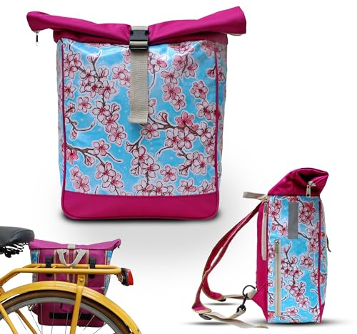 Ikuri Fahrradtasche/Rucksack Kombi Fahrradrucksack aus Wachstuch für Gepäckträger Packtasche Wasserdicht für Frauen - Model Hanami hellblau