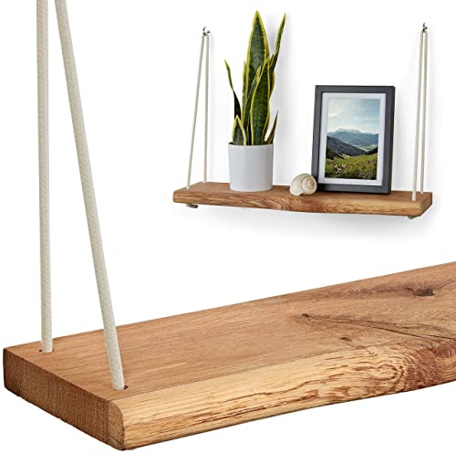 Villanord® Wandregal aus Deutscher Eiche - Rustikal mit Baumkante (40cm) - Massivholz Hängeregal - inkl. Seil & Haken - Holz