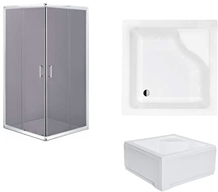 VBChome Cabina de ducha de 80 x 80 cm cromada con plato de ducha de vidrio de grafito y delantal, cuadrada, con entrada para esquina, puerta corredera, mampara de ducha de cristal de seguridad,