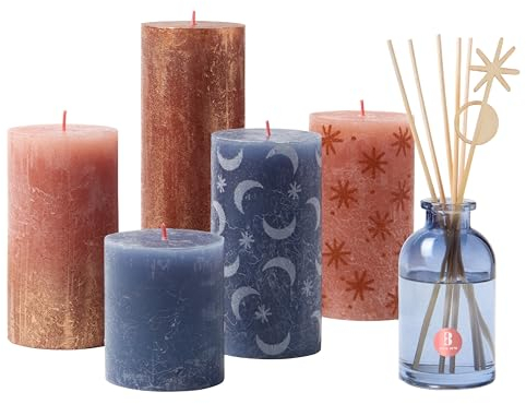 Bolsius Rustic Candle Gift Set - Secret Forest - Box of 5 Candles and 1 Reed Diffuser - Long Burning Time - Household Candle - Interior Decoration - Includes Natural Vegan Wax - No Palm Oil