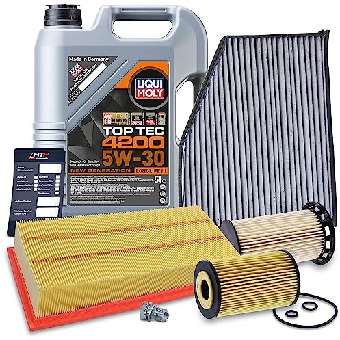BESTPRICE Inspektionspaket Filterset mit 1x Ölfilter, 1x Innenraumfilter (Aktivkohle), 1x Luftfilter, 1x Ölablassschraube, 1x Kraftstofffilter, 1x Motoröl 5W-30 5 l, 1x Ölwechselanhänger,