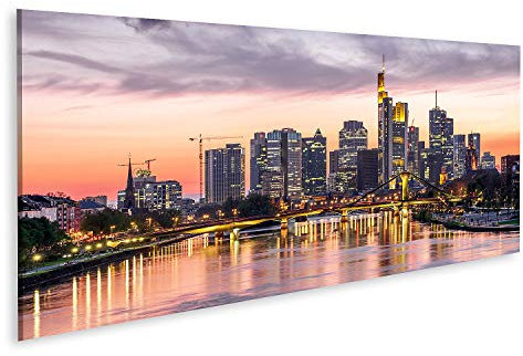 islandburner Bild auf Leinwand Panoramablick von Frankfurt Deutschland nach Sonnenuntergang. Wandbild Leinwandbild Bilder für Wohnzimmer GCDL-Pano