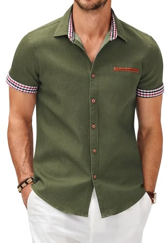 COOFANDY Men's Shirt Short Sleeve Denim Button Up Summer Cotton Smart Shirts Lightweight Regular Fit Casual Work Business Shirt ArmyGreen XL