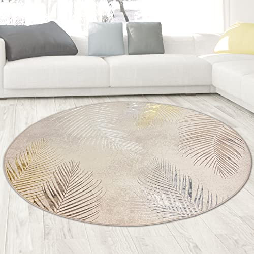 CARPETIA Moderner Wohnzimmer Designerteppich mit Palmenzweigen | pflegeleicht | Creme Gold, 200 cm rund
