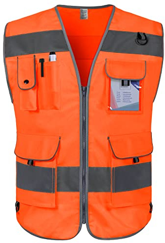 Graunton Sicherheitsweste für Männer Frauen 9 Taschen Warnweste, Warnwesten für mit reflektierenden Streifen, Reflektorweste für Gebäude,Gartenarbeit, Laufend,(DE-Orange, Large)