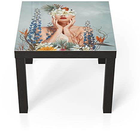 DEQORI Glastisch | schwarz klein 55x55 cm | Motiv Nackte Frau mit Blumen | ausgefallener Beistelltisch aus Glas | Hochglanz Couchtisch fürs Wohnzimmer | moderner Couch Tisch mit Design