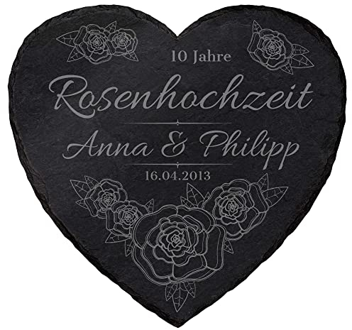 mtb more energy Personalisierbare Schiefertafel Herz ''10 Jahre Rosenhochzeit'' - individuell anpassbar - 20x20cm - Laser Gravur auf Schieferherz - Hochzeit Geschenk