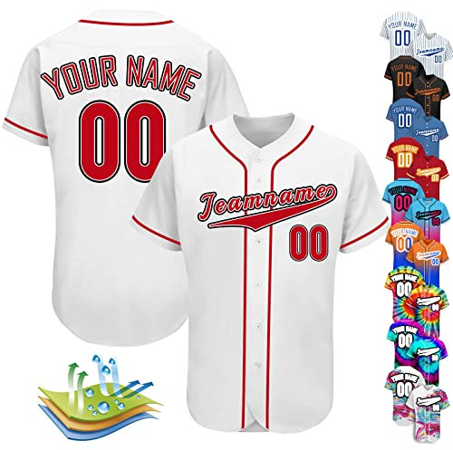 Individuelles Baseballtrikot, personalisierbar, Baseball-Shirts für Herren, Damen, Kinder, Druck, Namennummern, Button-Down-Sportuniform, Weiß-Rot-18, S-4XL