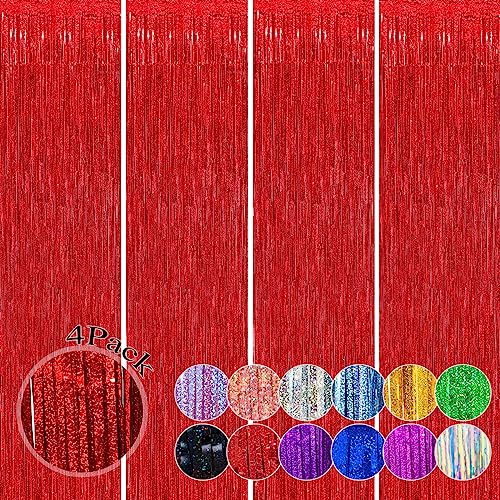 Slmeno 4 Stück rote Fransen-Hintergrund, 3,9 x 2,5 m, glitzernde Lametta-Folie, Fransenvorhänge, Hintergrund, rote Luftschlangen, Party-Dekorationen, für Geburtstag, Karneval, Abschlussfeier