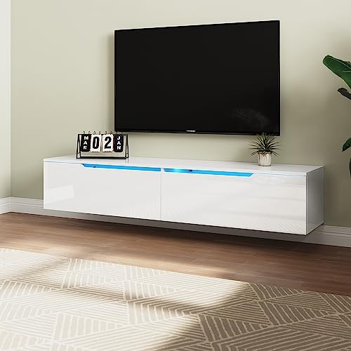 SUNXURY TV Schrank Weiss, TV Schrank Hängend, Fernsehschrank, TV Lowboard mit 12 Farben LED Beleuchtung, TV Möbel Tisch Board, 160 x 35 x 30 cm Holz