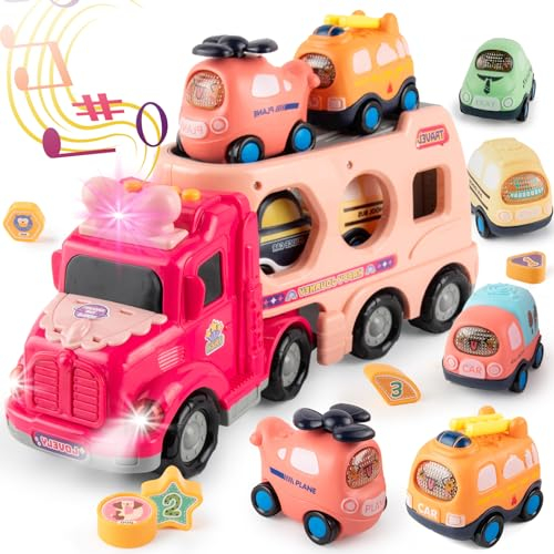 Camion Transporteur de Voitures Rose pour Filles 3-6 Ans - Jouet avec Sons et Lumières, Friction - Cadeau d'Anniversaire