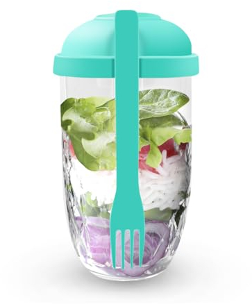 CheurYae Salad Cup, 2 Pcs Portable Salad Boxes with Fork and Dressing Container, Reusable Vegetable Fruit Mugs for Work School Camping Meals (Green)