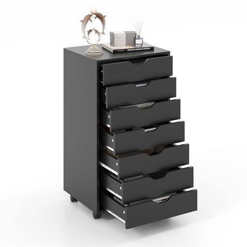 SFAREST Mobile File Cabinet, 7-Drawer Lateral Stationery Vertical Rolling Filing Cabinet with Lockable Wheels, Wooden Under Desk Storage Cabinets for Home Office (Black)