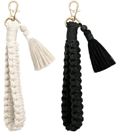 YaLiyA 2 Pièces Porte Clés Macramé Tressé Porte Clés Boho avec Pampille Porte Clé Bracelet Femme Courte Gland Pendentif Voiture Porte-clés Fleur Porte-Clés en Corde Bracelet Lanière pour Femmes
