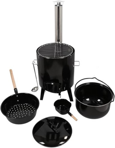 Ensemble de poêle d'extérieur Dutchlander d'Esschert Design en Noir, Rond, Métal, Compatible avec le Bois, Noir